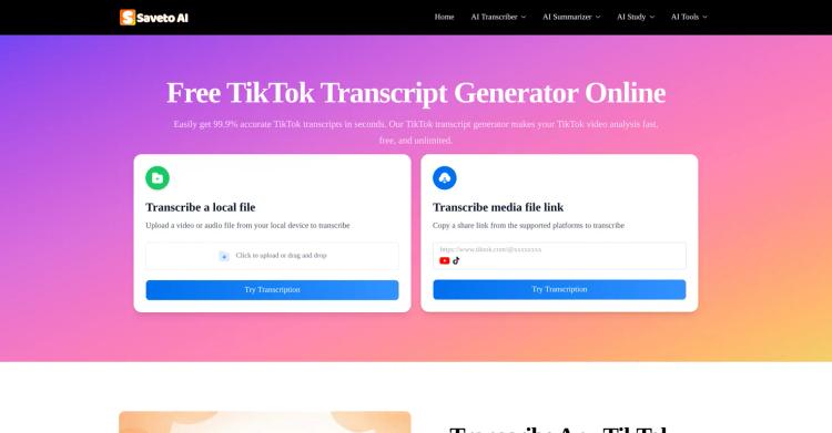 Saveto AI | TikTok Transcript Generator featured image Saveto AI | TikTok Transcript Generator featured image